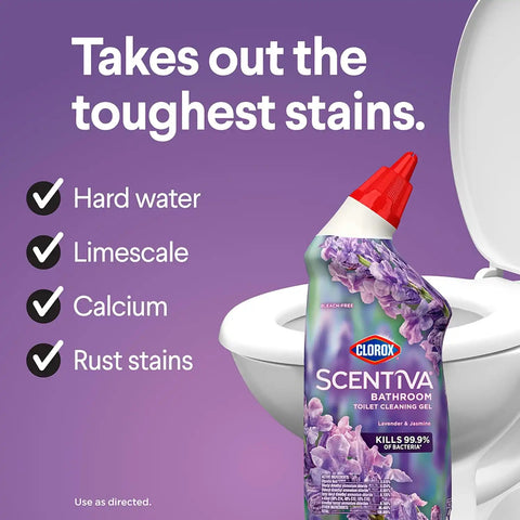 Clorox Scentiva Toilet Cleaning Gel, Lavender and Jasmine, Bleach-Free, Kills 99.9% of Bacteria, 24 oz, Pack of 6